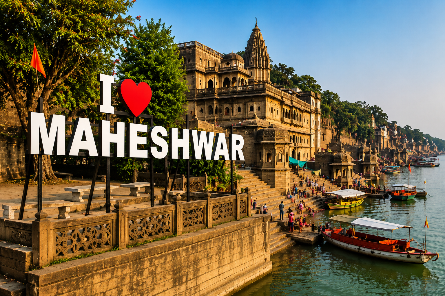 I Love Maheshwar sign board with Ahilya Fort and Narmada ghats, boats on the river, Madhya Pradesh